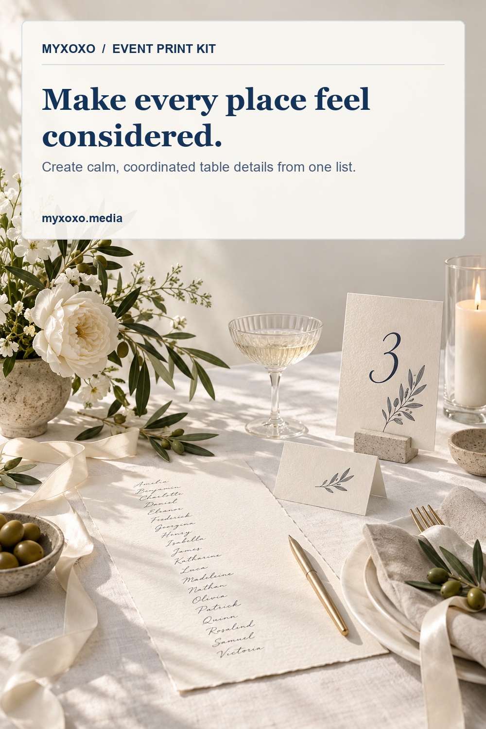 Wedding stationery planning scene with place cards and table details.