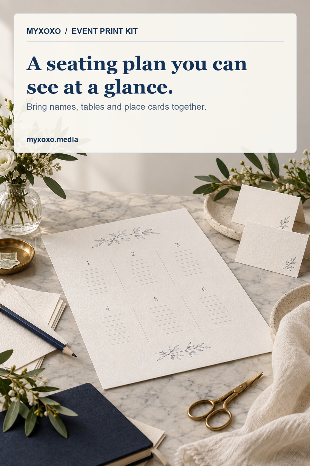 Wedding stationery planning scene with place cards and table details.